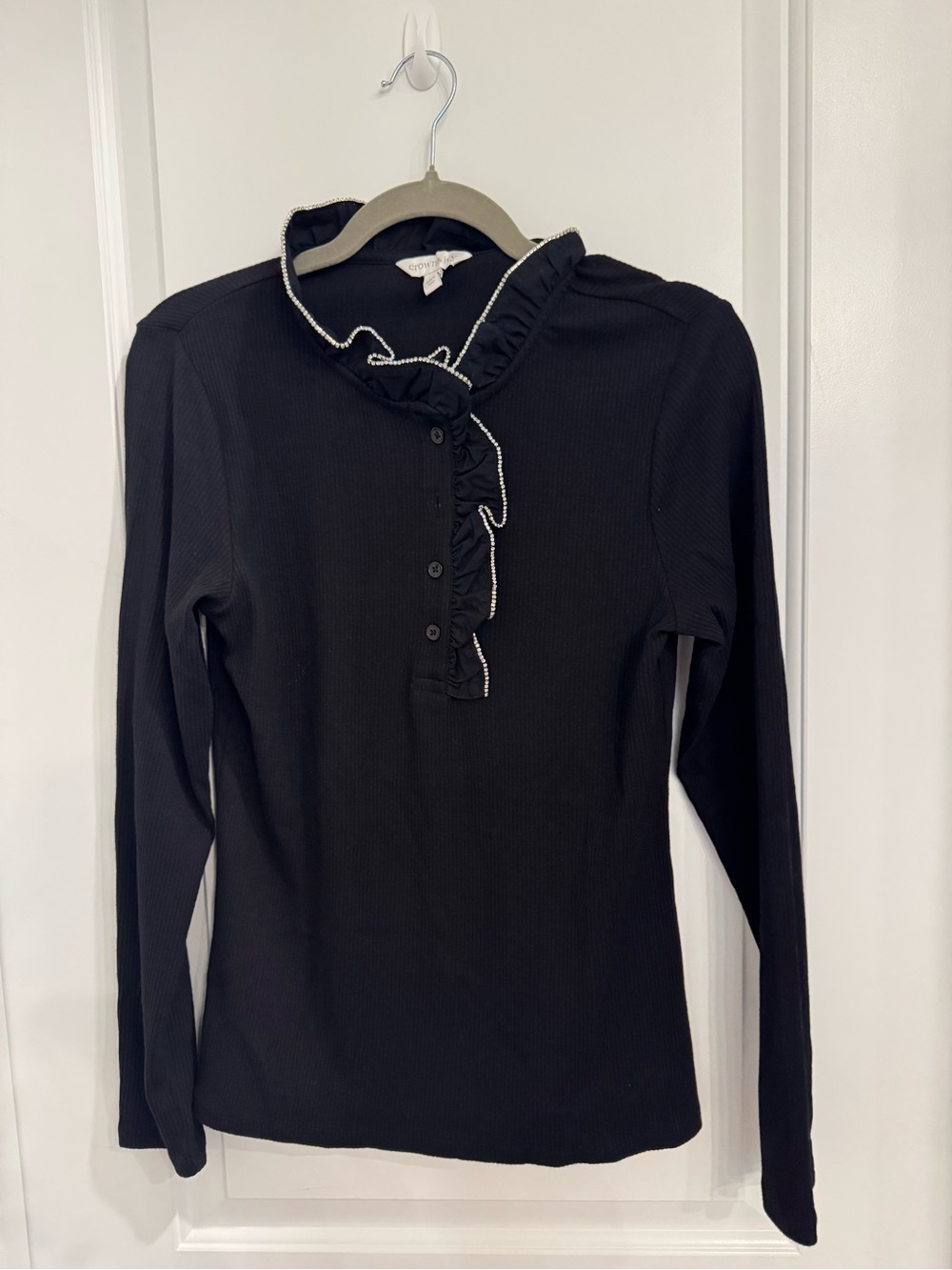 crown & ivy Black Ruffle-Trim Henley Long Sleeve Top